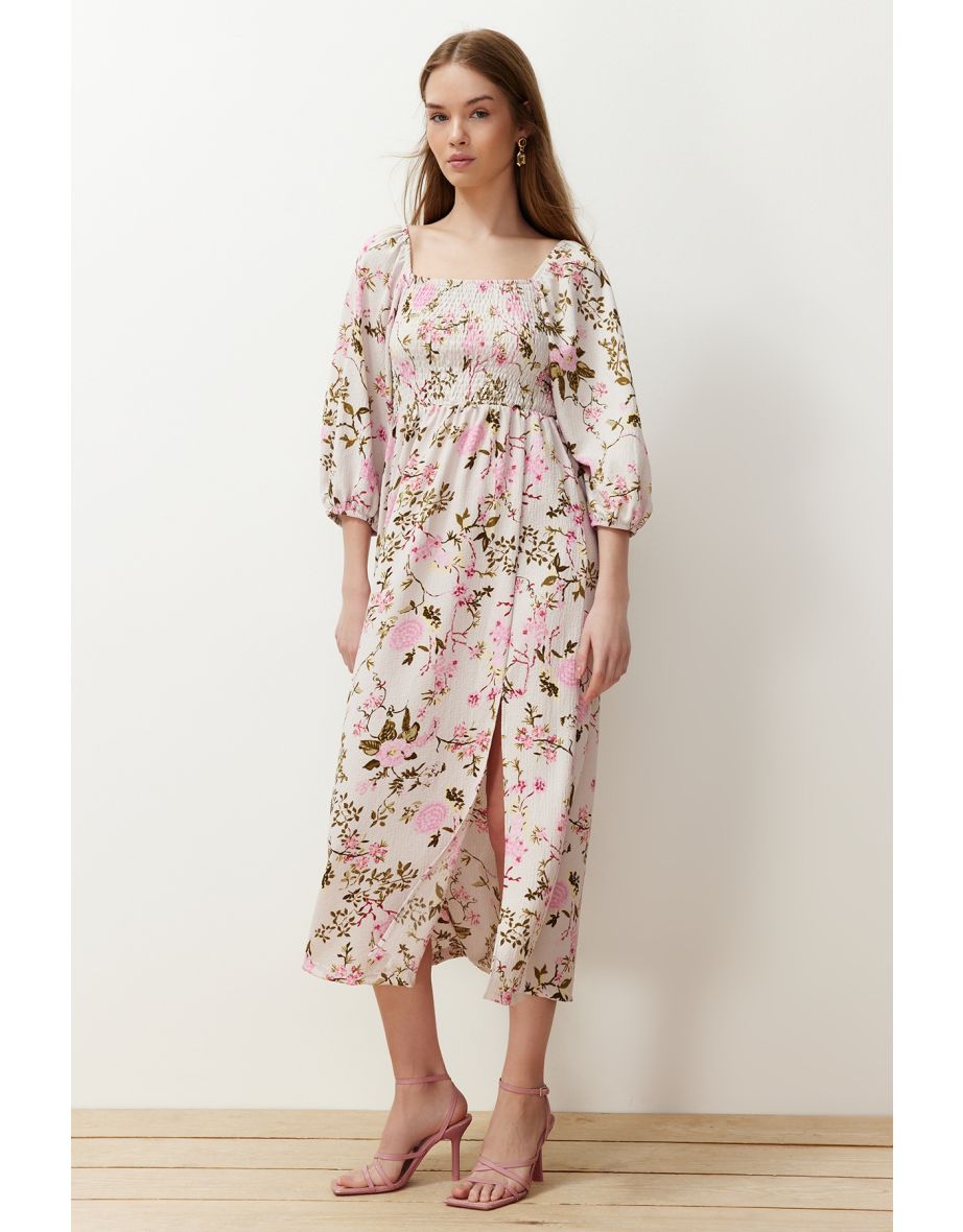 Multi Color Floral Square Neck Balloon Sleeve Gathered Ribbed Flexible Knitted  Dress