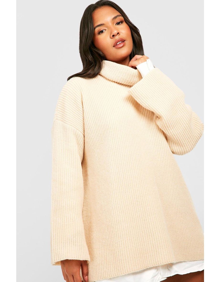 Plus Chunky Knit Roll Neck 2 In 1 Shirt Dress - stone - 3