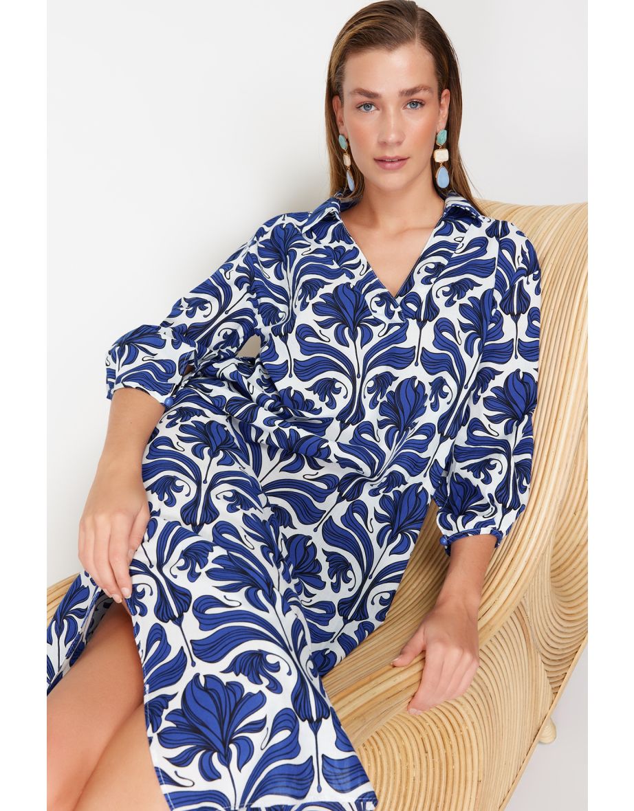 Ethnic Patterned Wide Fit Midi Woven 100% Cotton Beach Dress