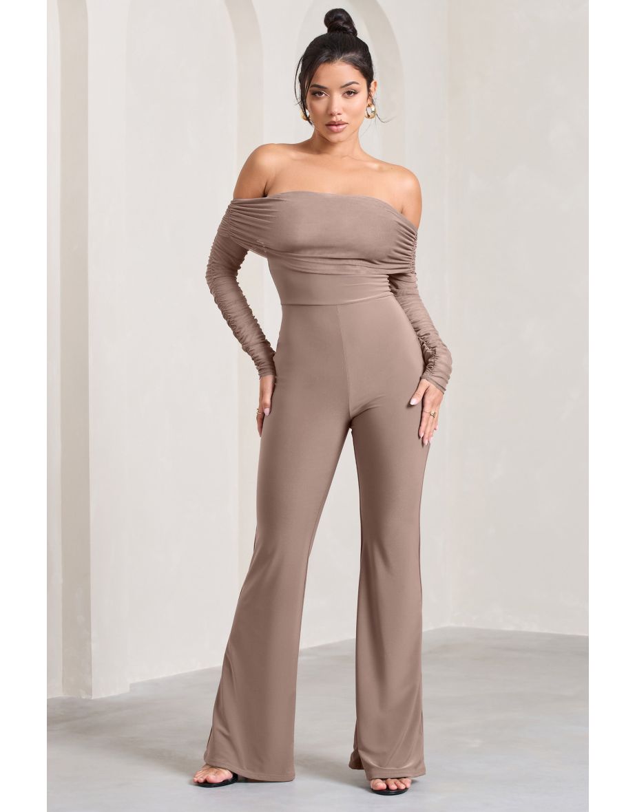 Whisper | Mocha Ruched Mesh Bardot Jumpsuit