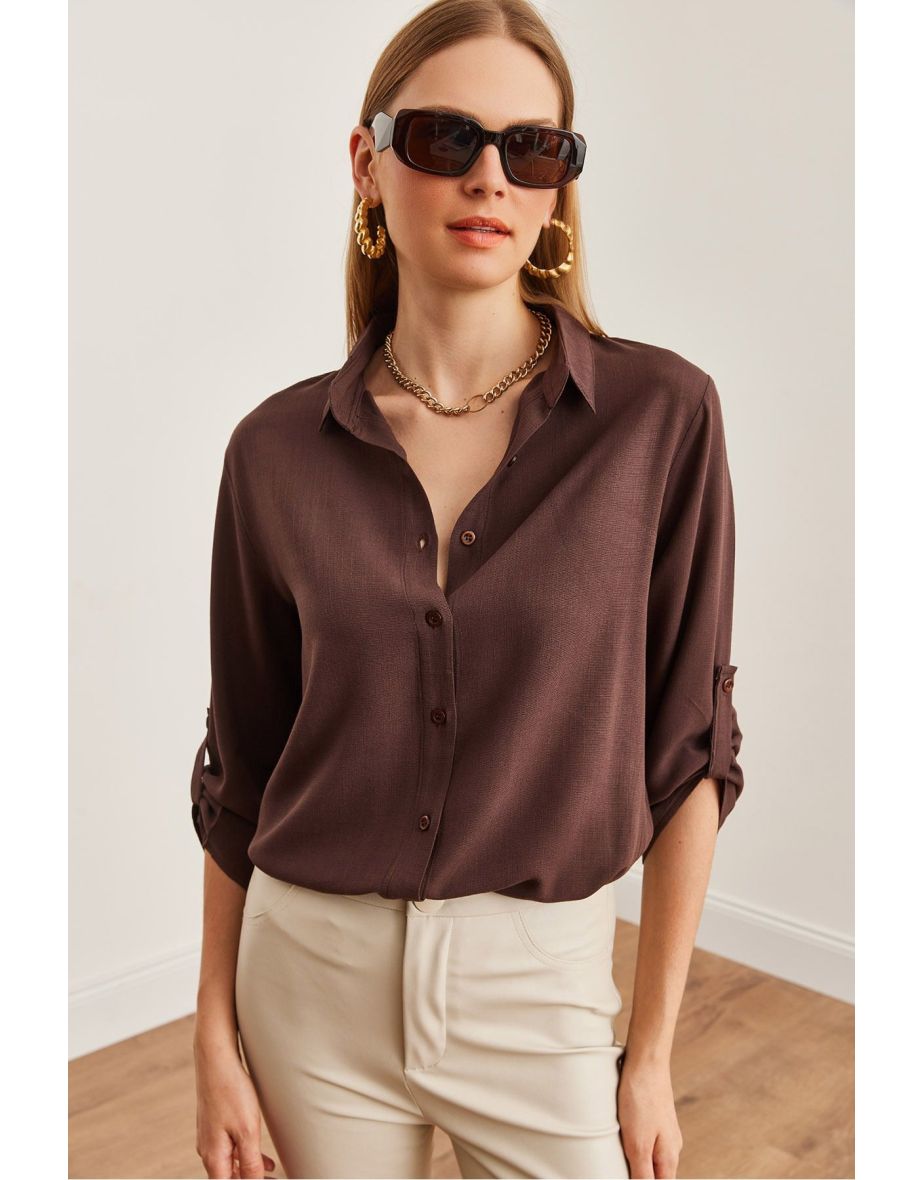Women's Brown Folded Sleeve Linen Shirt