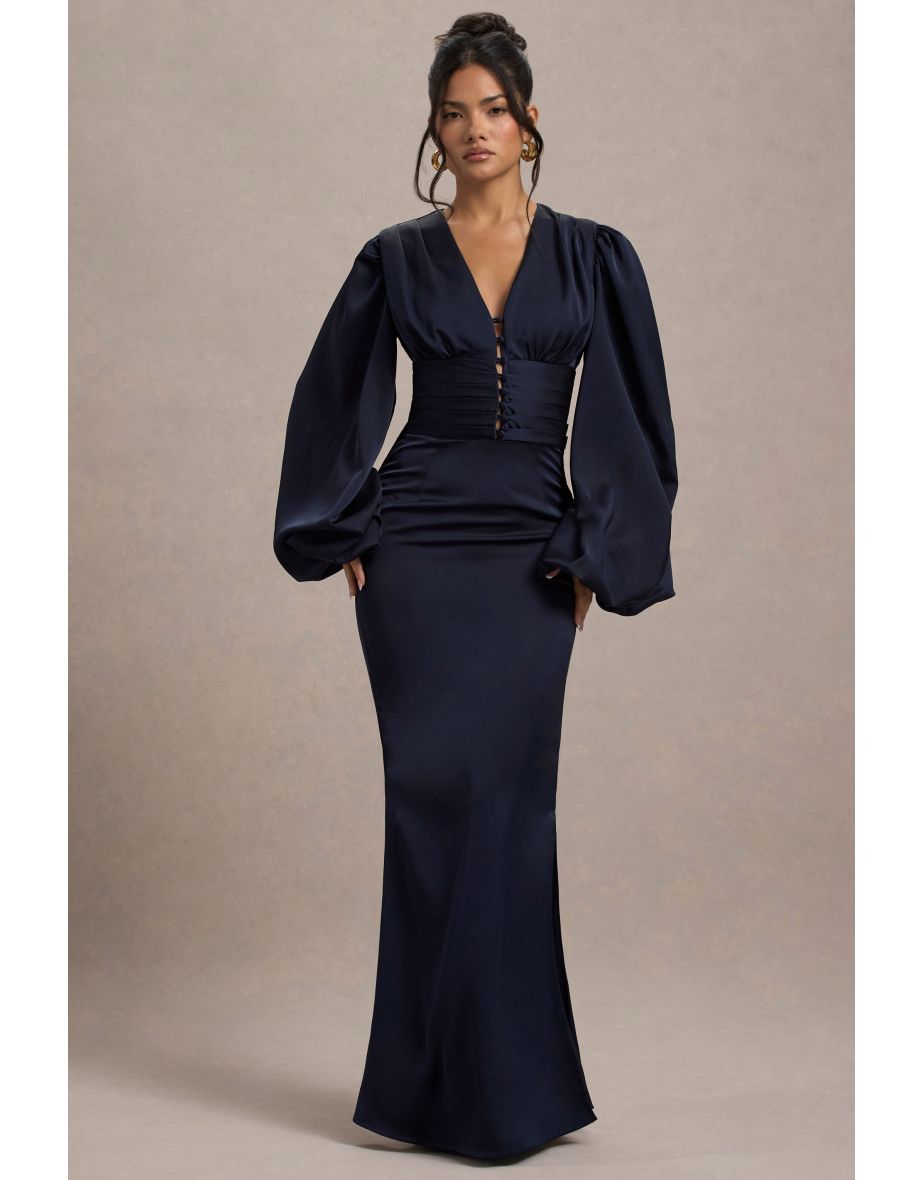 Helsinki | Navy Satin V-Neck Balloon Sleeve Maxi Dress