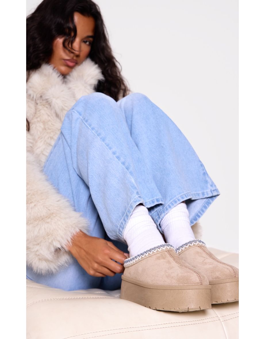 Mushroom Faux Suede Round Toe Platform Stitched Slip On Boots