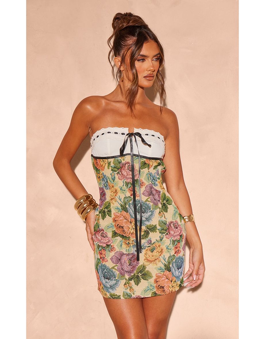 Stone Floral Twill Contrast Bandeau Bodycon Dress