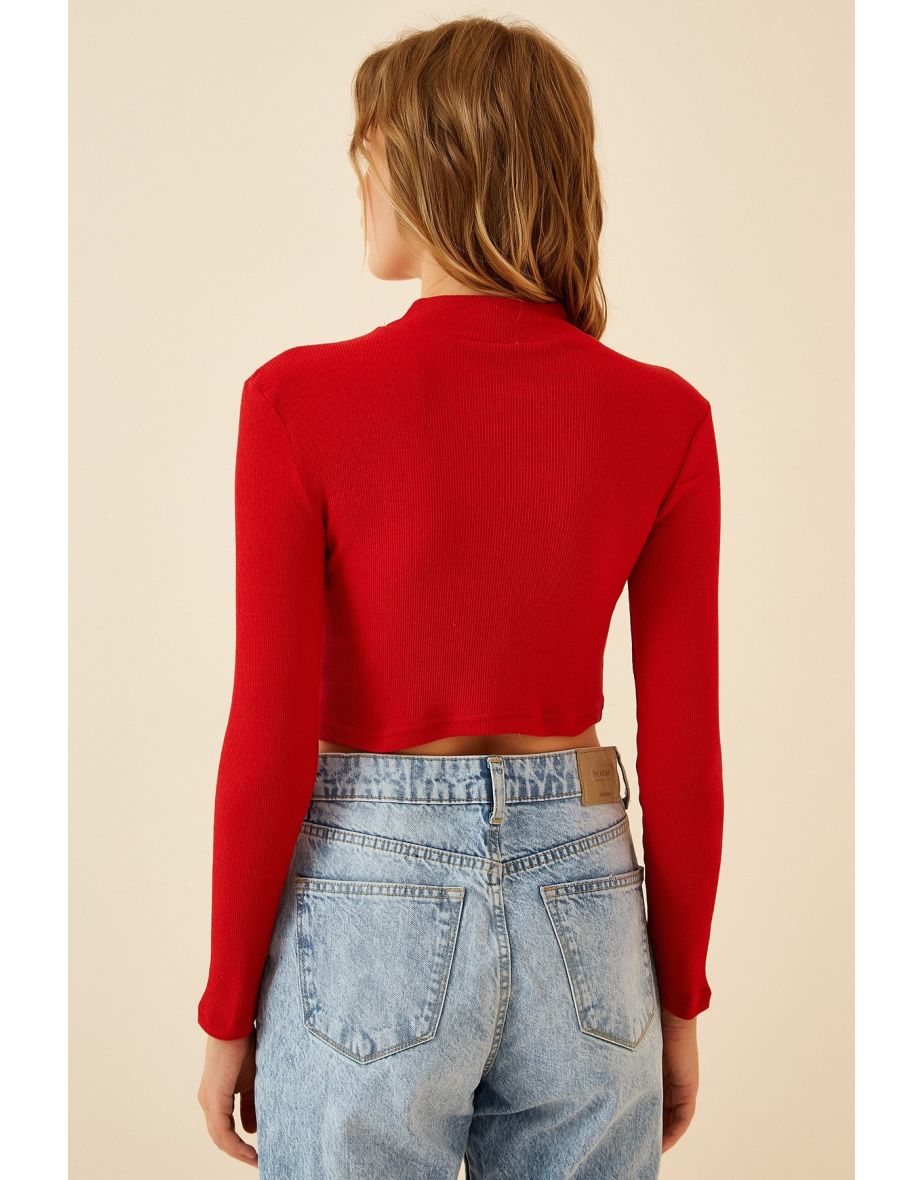 Women's Red Ribbed Turtleneck Crop Knitted Top - 5