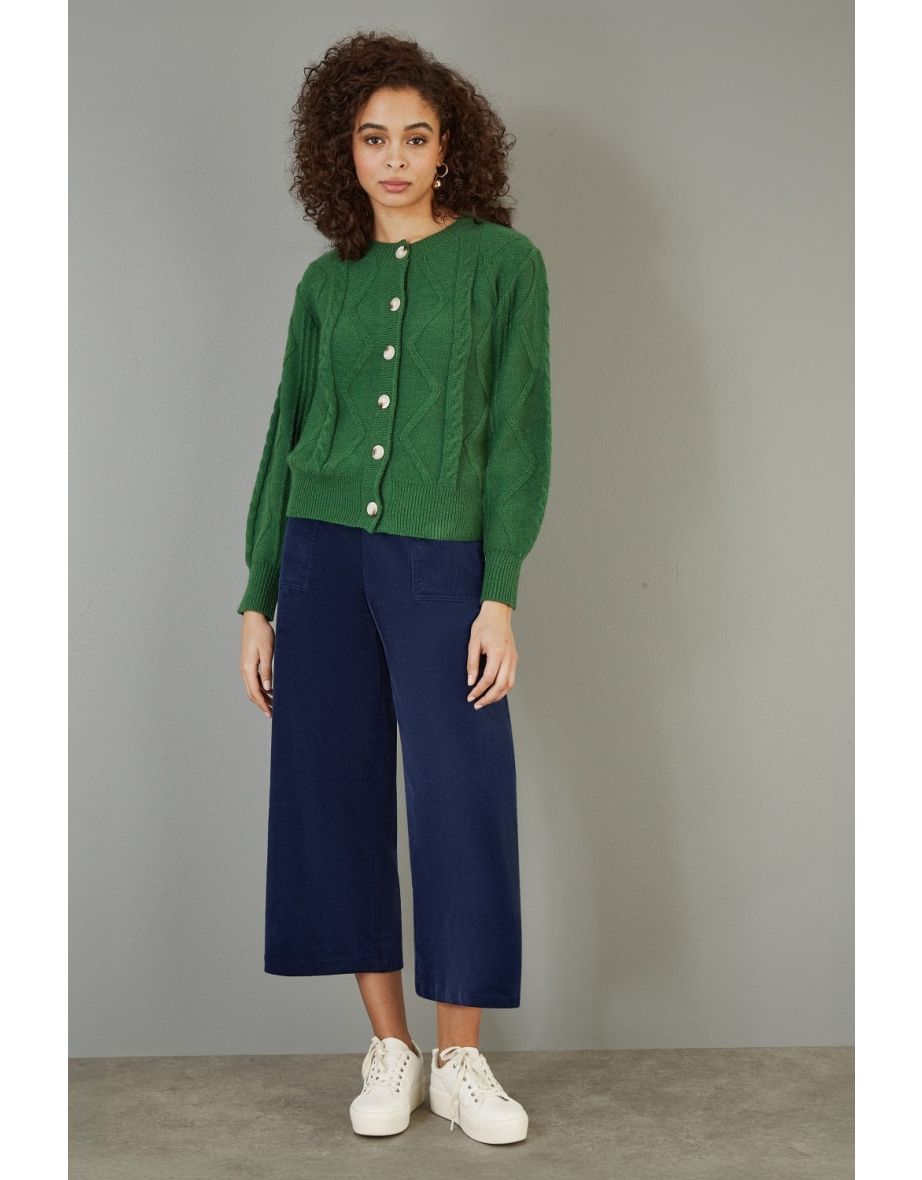 Yumi Navy Cord Cropped Wide Leg Trousers With Pockets
