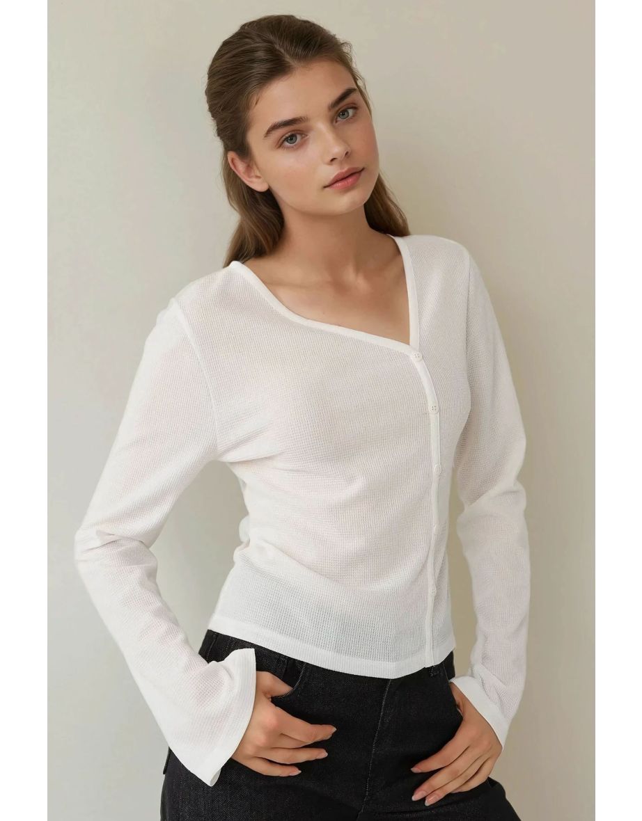 Asymmetrical Neck Textured Waffle Blouse - 4