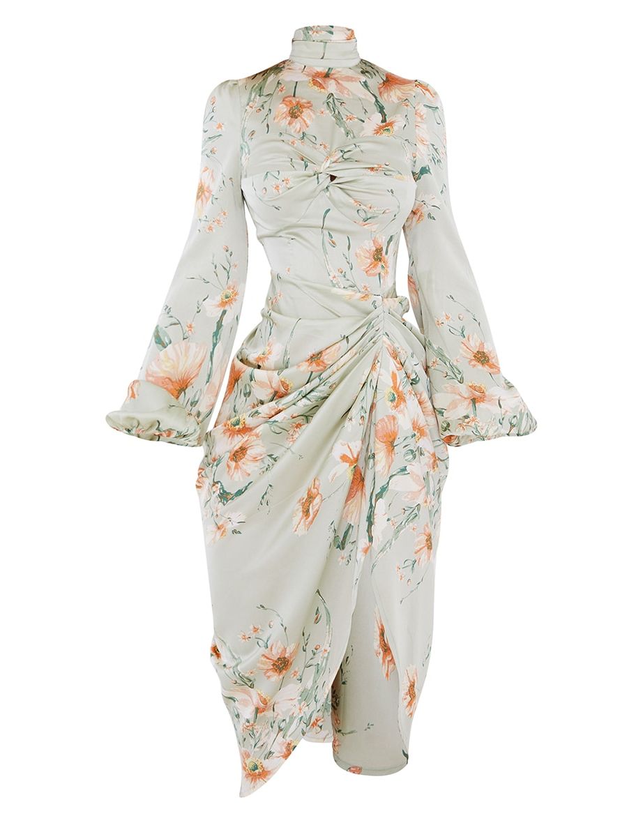 Sage Green Floral Twist Bust Draped Midi Dress - 4