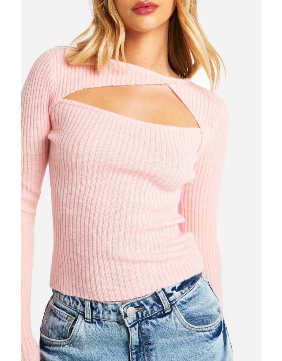 Rib Knitted Long Sleeve Top - light pink - 3
