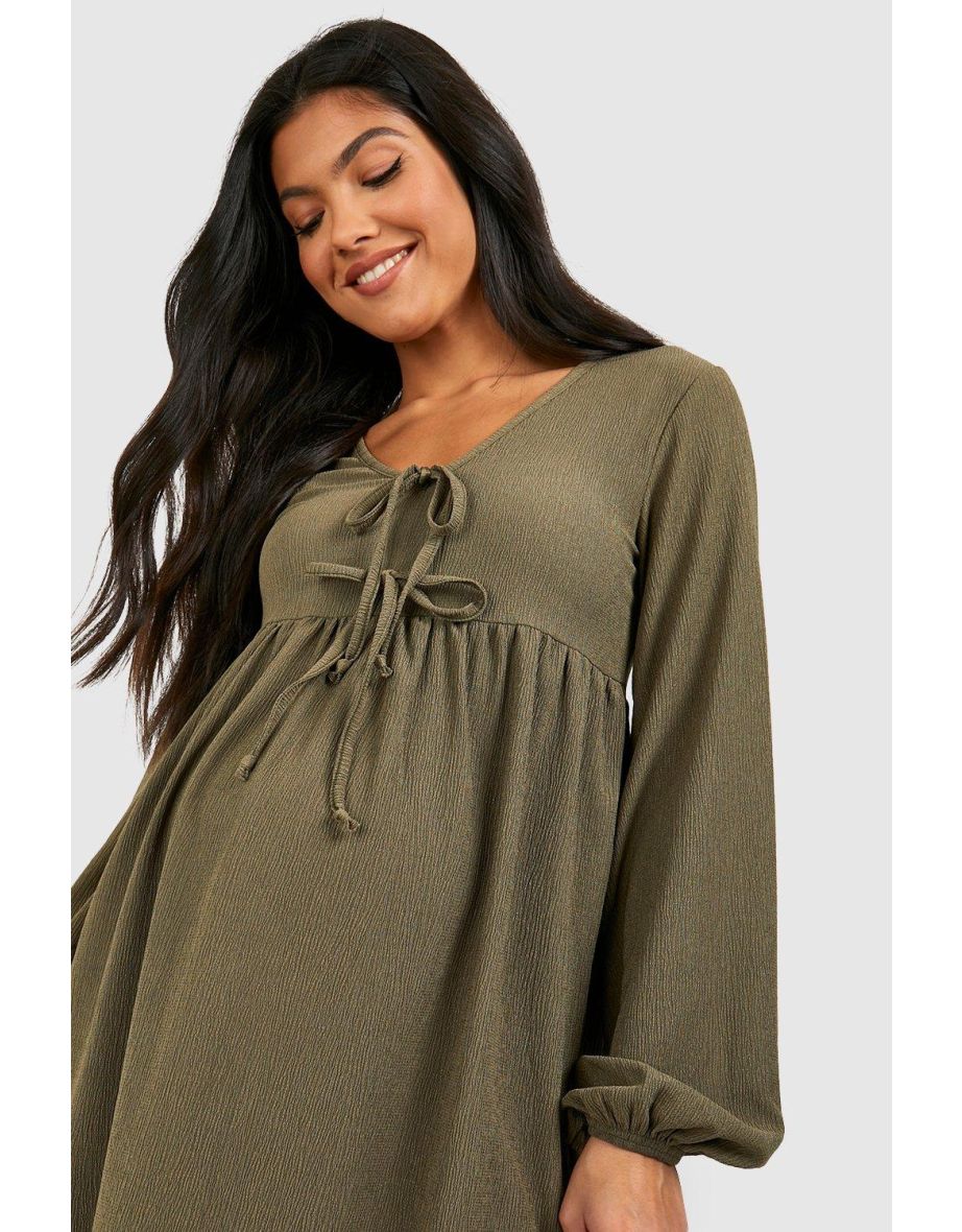 Maternity Textured Tie Front Smock Dress - khaki - 3