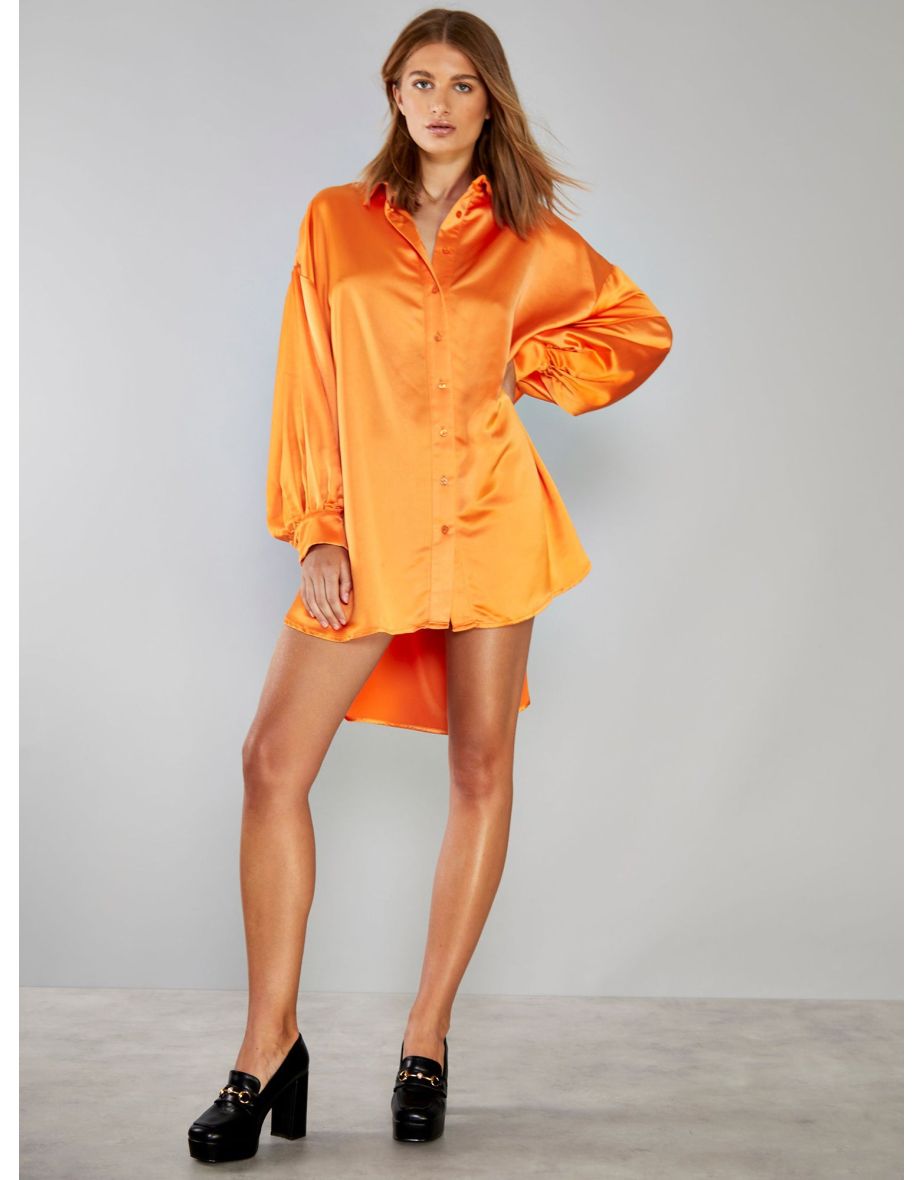 Glamorous Orange Oversized Satin Shirt Dress