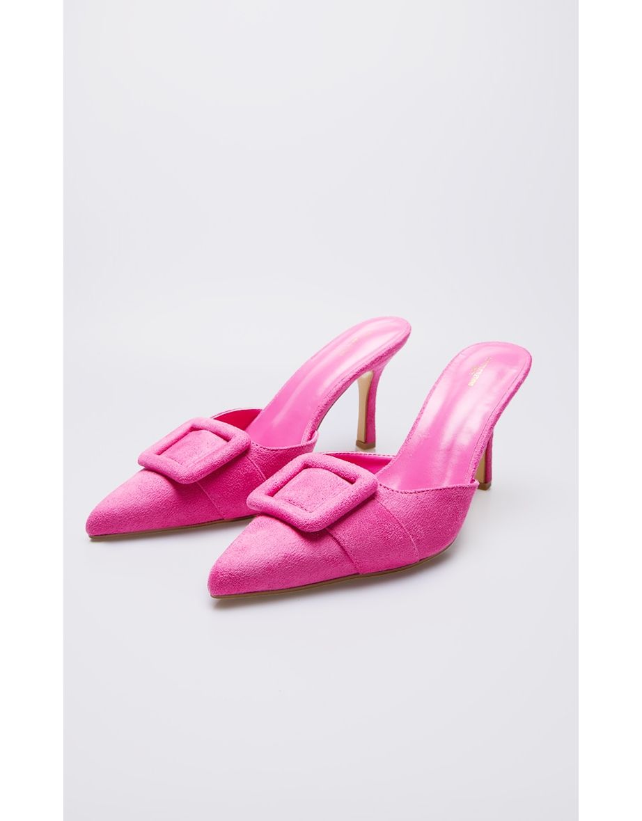 Pink Faux Suede Wide Fit Buckle Point Toe Heeled Mules - 3