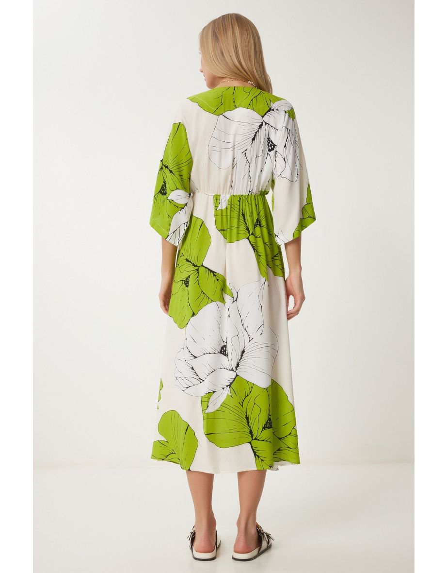 Women's Green White Wrap Collar Patterned Summer Viscose Dress - 5