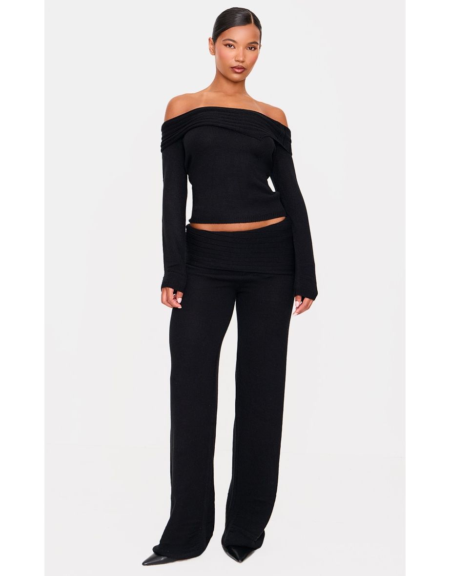 Black Knitted Fold Over Wide Leg Trousers