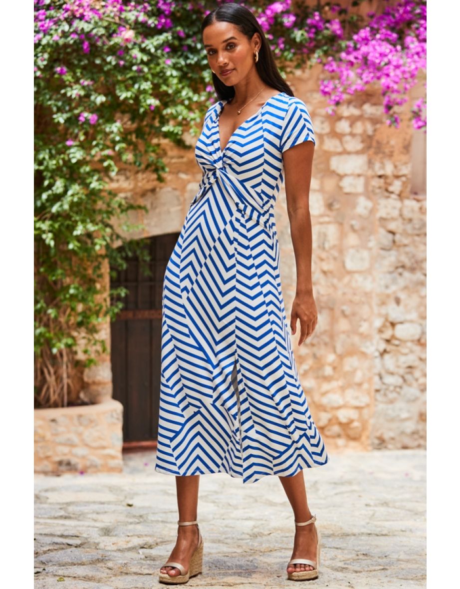 White & Blue Geometric Stripe Print Twist Front Maxi Dress