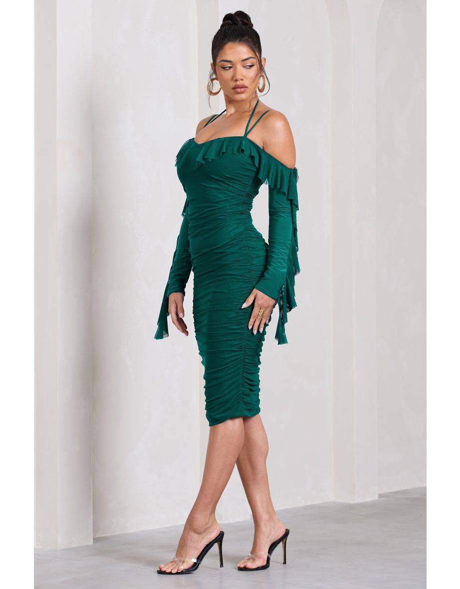 Quinn | Bottle Green Ruched Strappy Long-Sleeved Midi Dress With Ruffles - 4