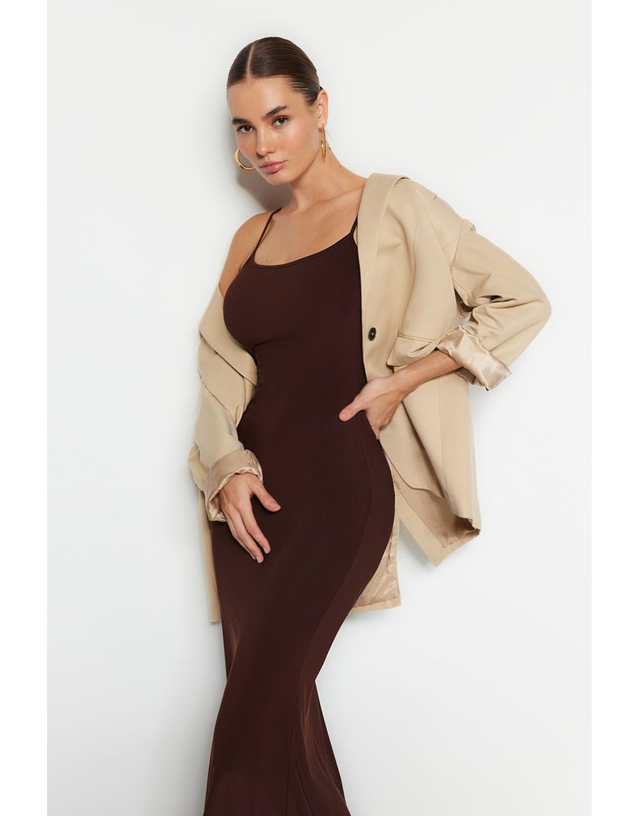 Brown Fitted/Sticky Knitted Maxi Dress with Straps