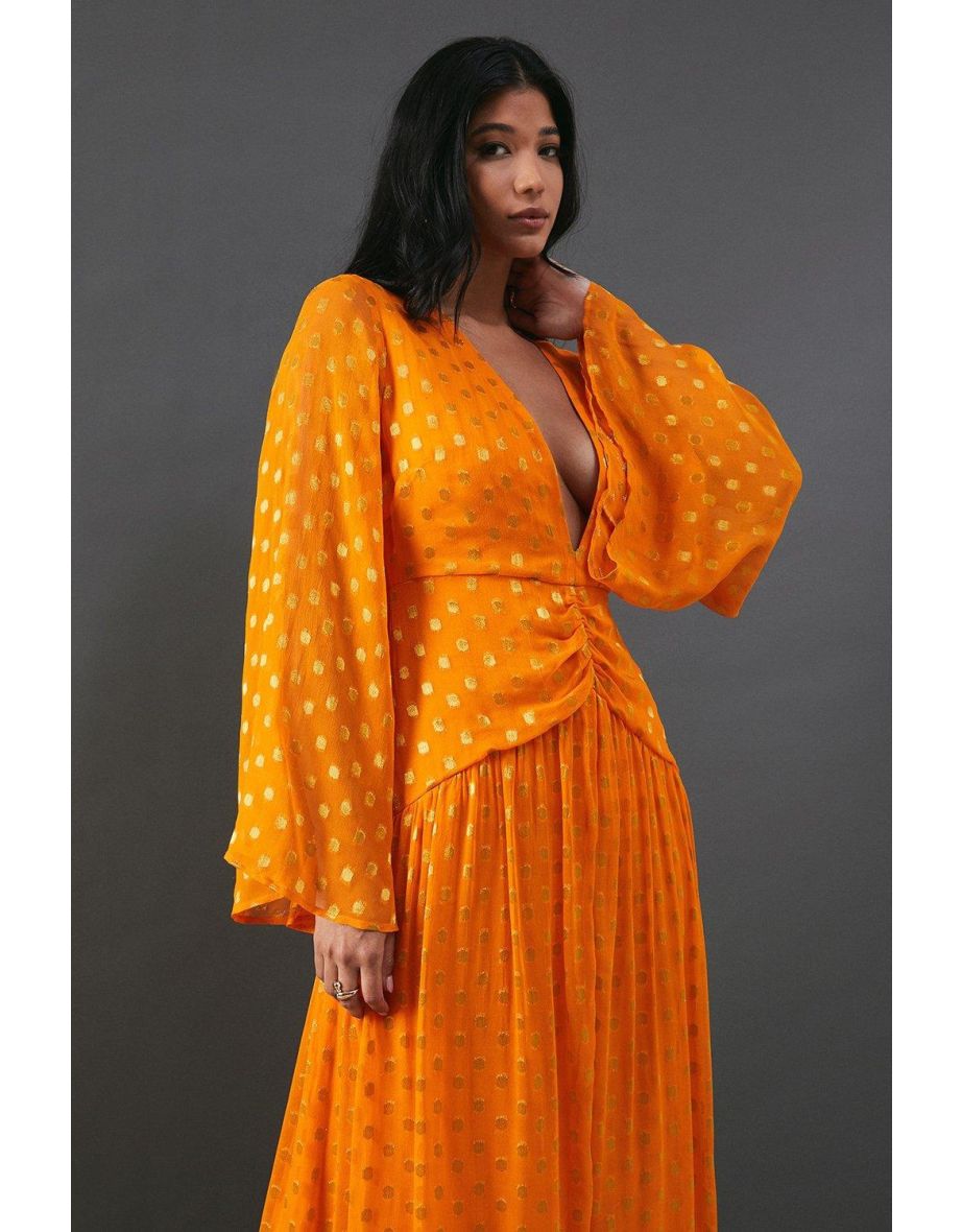 Metallic V Plunge Kimono Sleeve Maxi Dress - 3