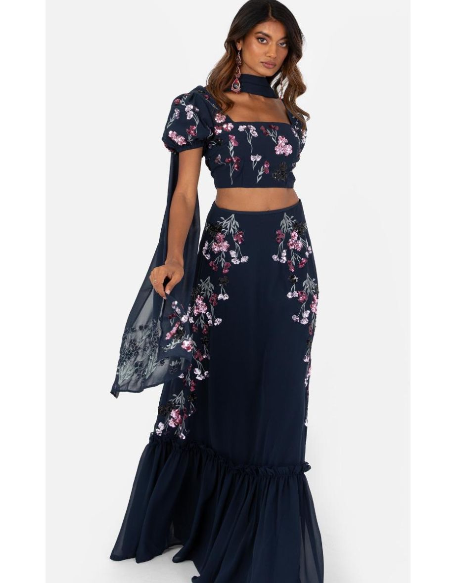 Maya Navy Floral Sequin & Embroidery Lehenga Crop Top