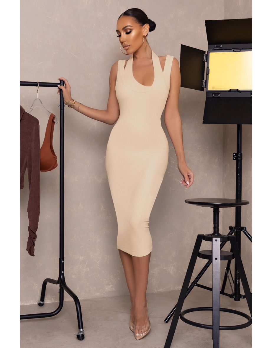 Cream Double Neckline Rib Midi Dress