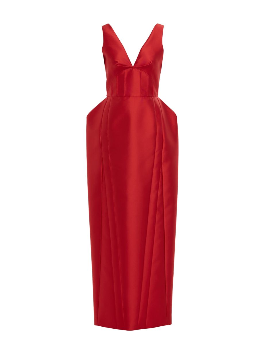 Fitted Waist Seam-Boned Mid-Slit Lined Long Red Dress