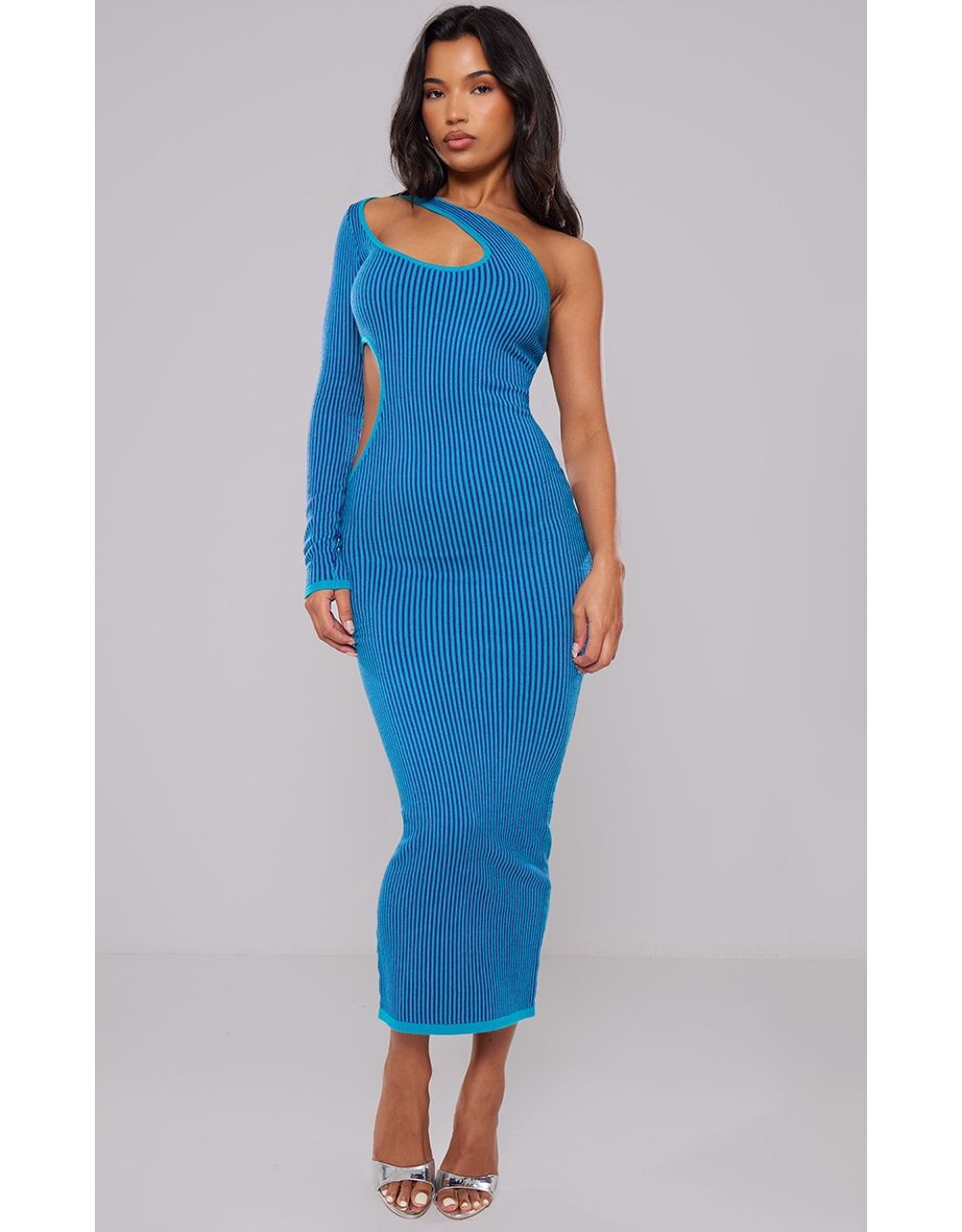 Blue Two Tone Knit One Shoulder Cut Out Dress