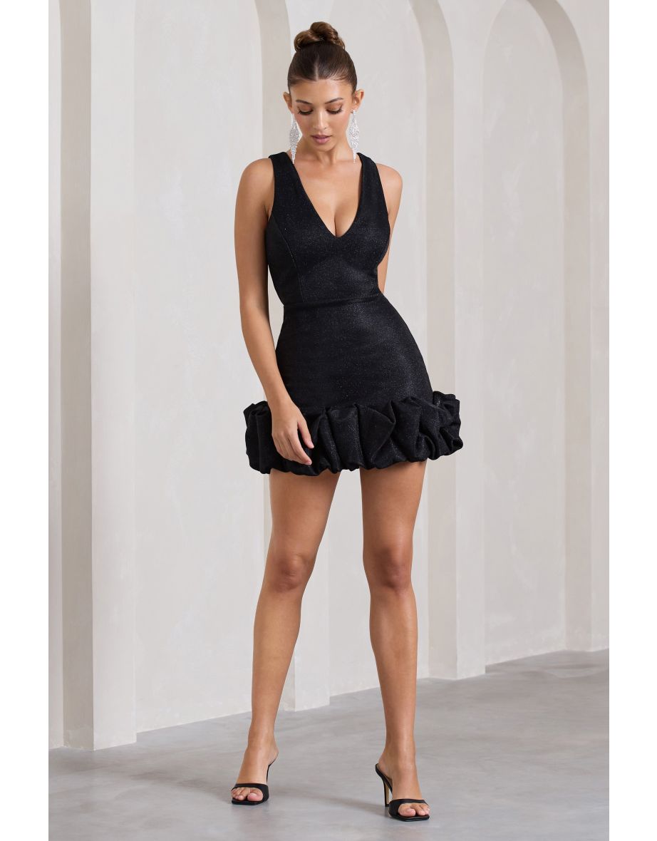 Main Present | Black Glittered V-Neck Mini Dress With Ruffle Trim
