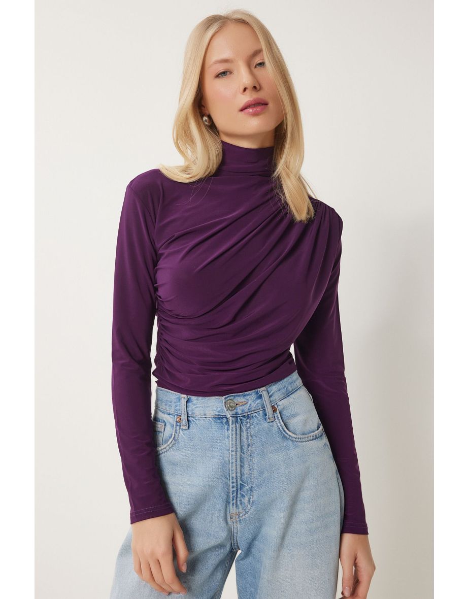 Women's Plum Gathering Detailed High Collar Sandy Blouse