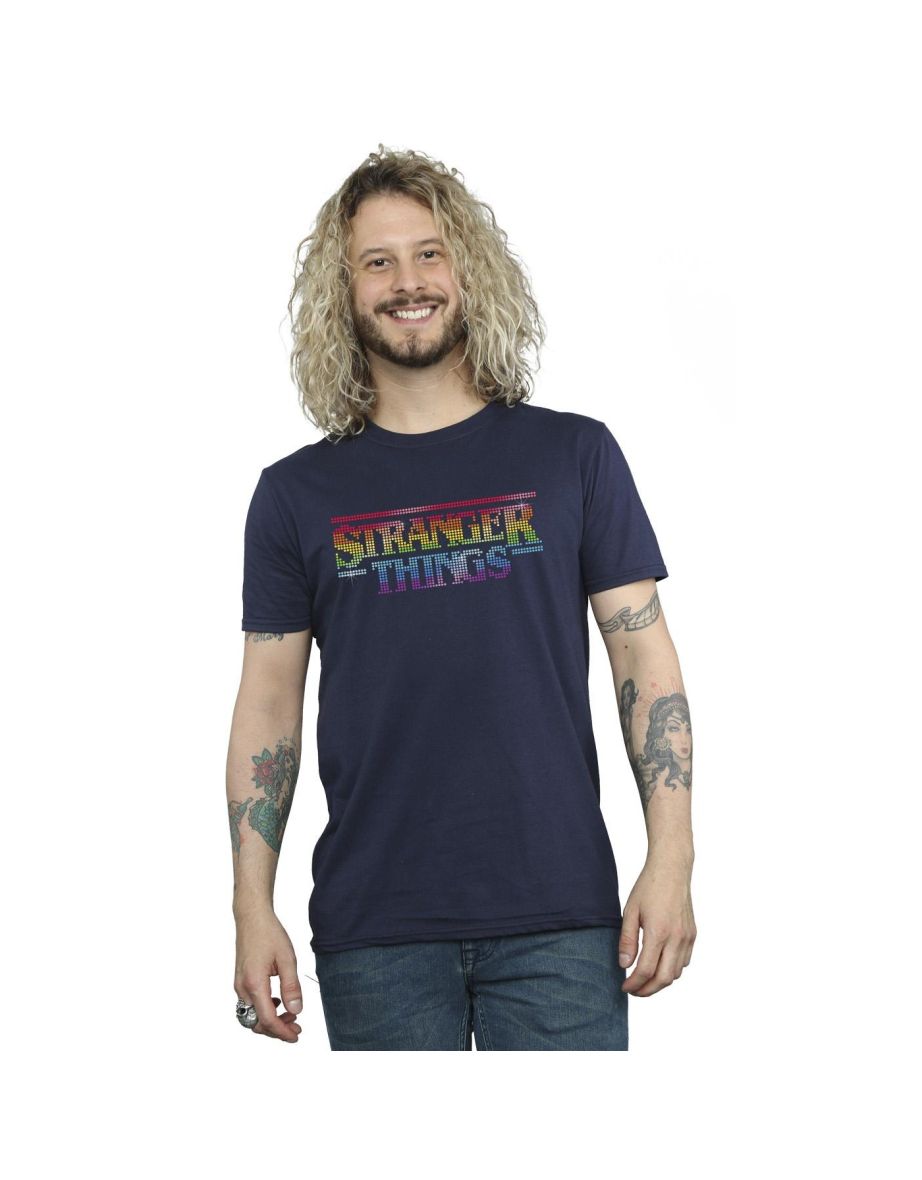 Netflix Mens Stranger Things Rainbow Dot Logo T-Shirt - Navy Blue