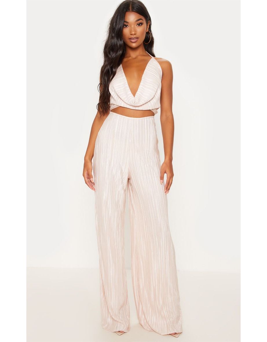 Champagne Pleated Cowl Neck Cut Out Detail Jumpsuit