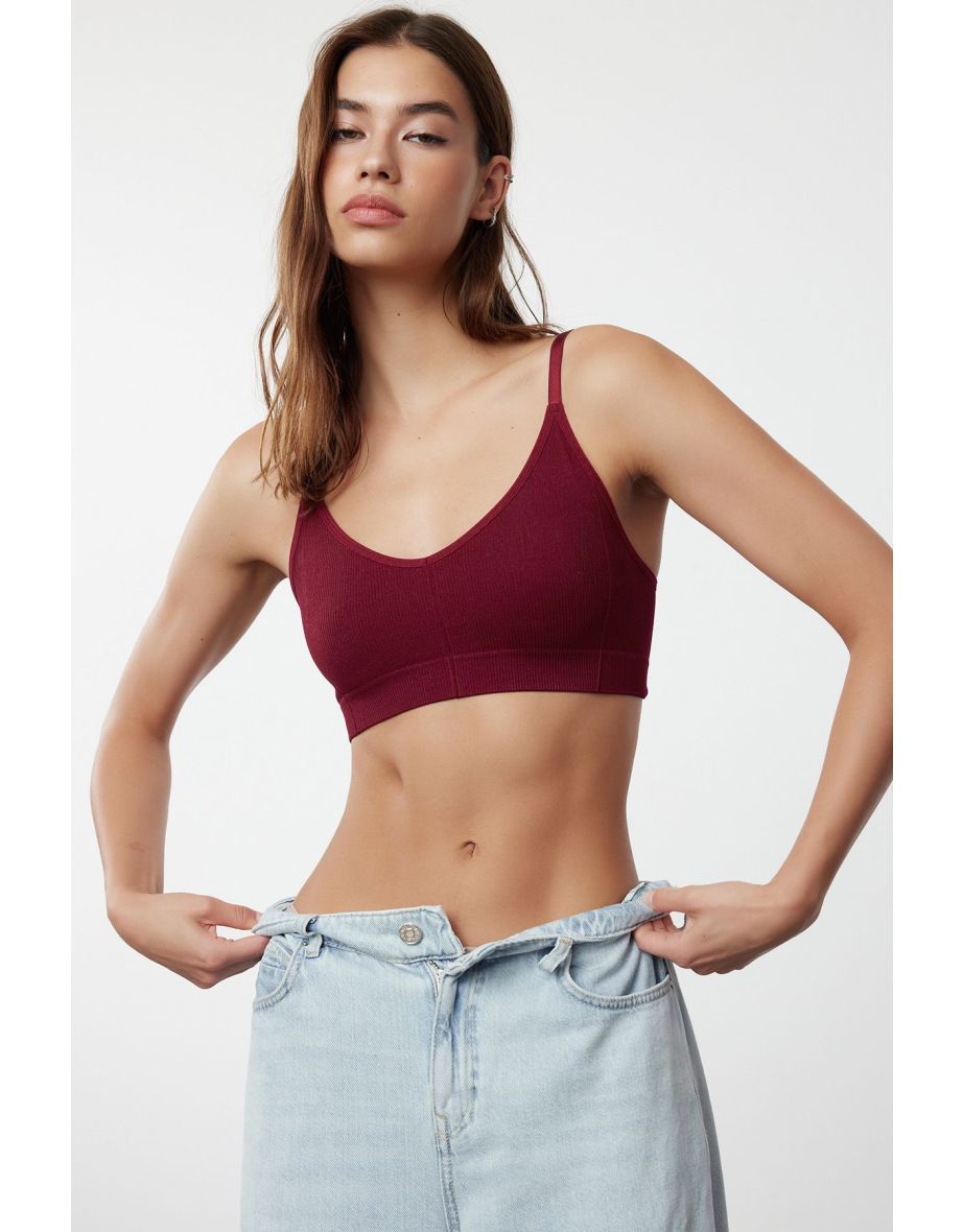 Burgundy Seamless Rope Strapless Bralette Knitted Bra