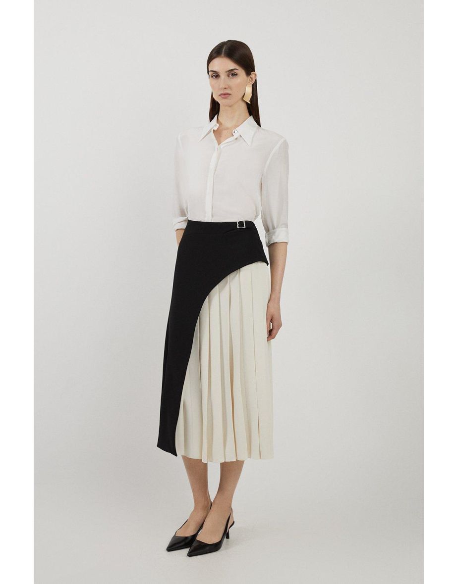 Tailored Buckle Detail Pleated Midi Skirt