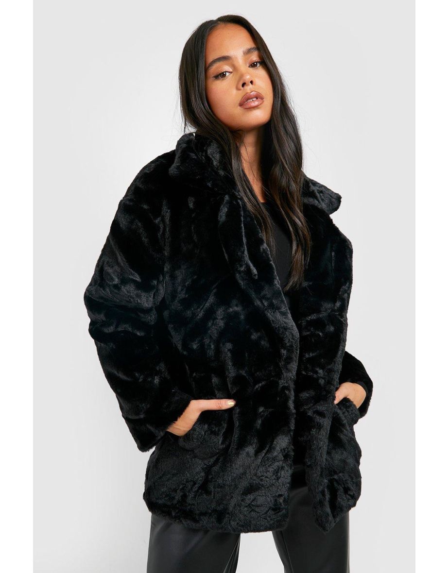 Petite Oversized Collar Luxe Faux Fur Coat - black