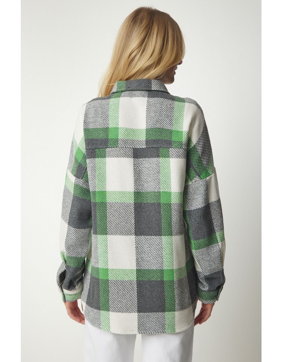 Women's Gray Green Patterned Oversized Stamp Lumberjack Shirt - 5