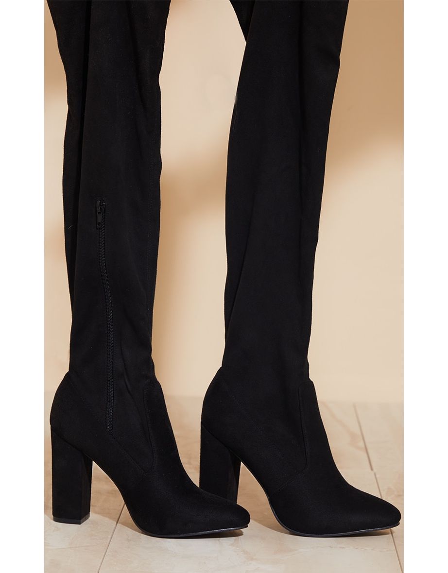 Black Faux Suede Round Toe Block Heel Over The Knee Boots - 3