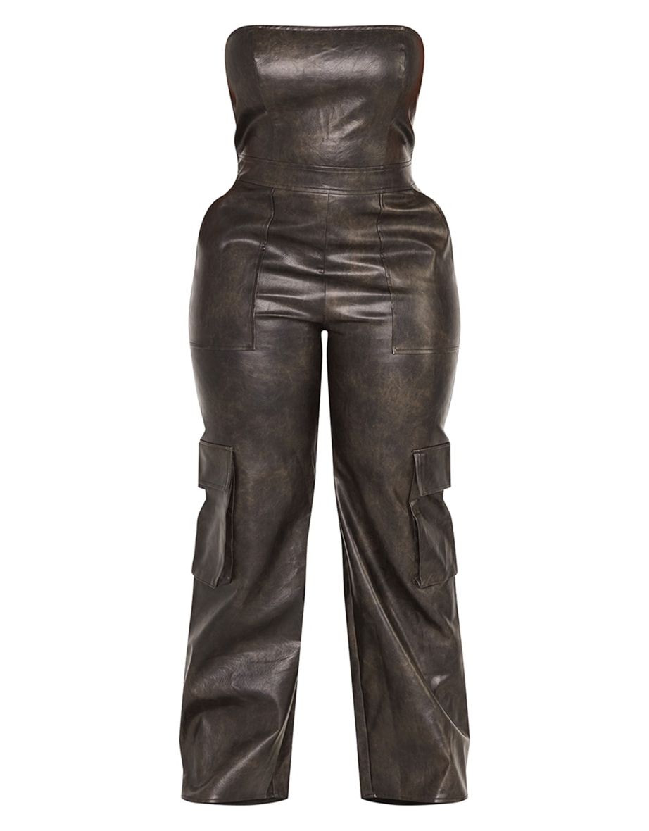 Plus Washed Black Faux Leather Cargo Jumpsuit - 4