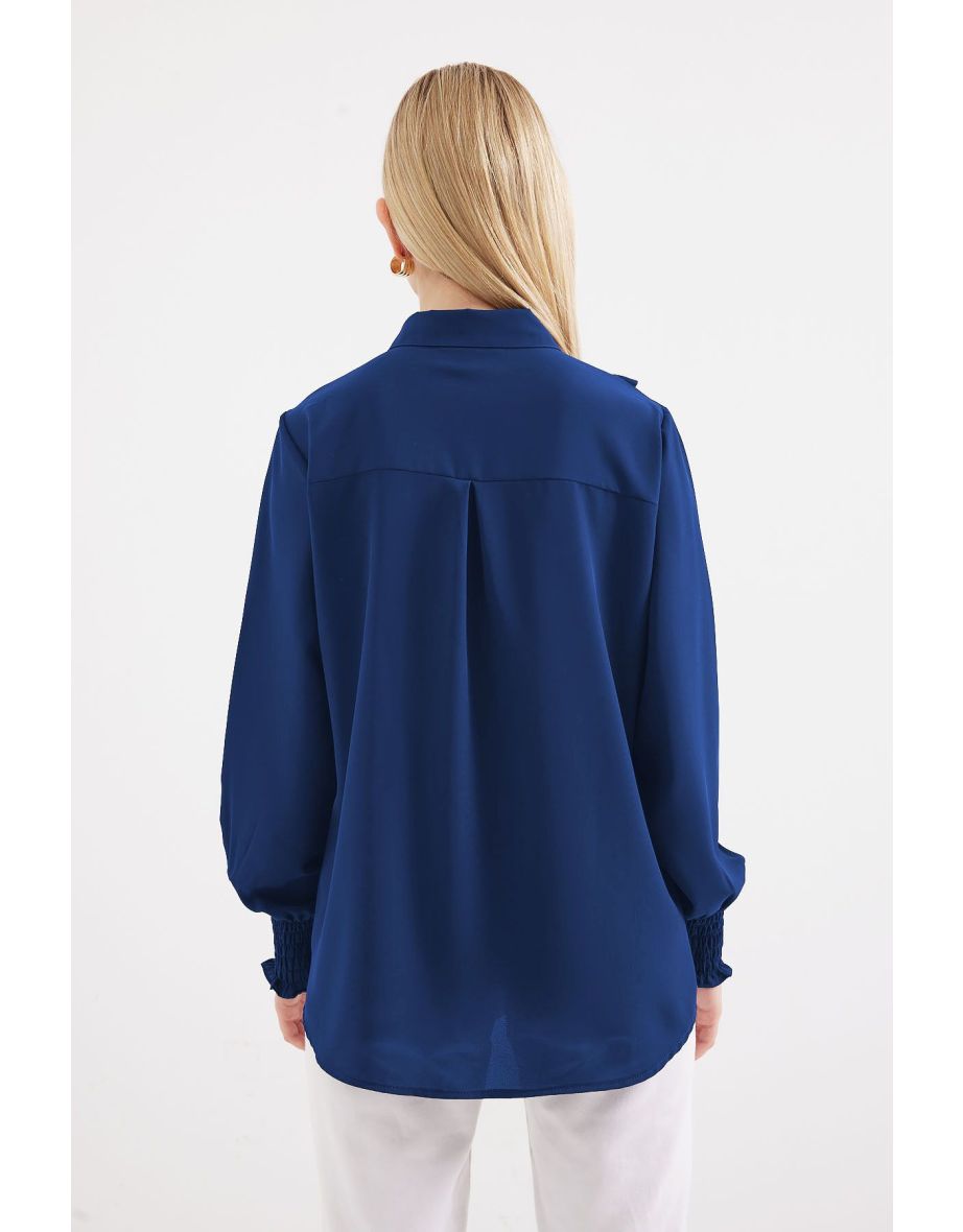 Ruffled Long Sleeve Shirt - D. İndigo - 3