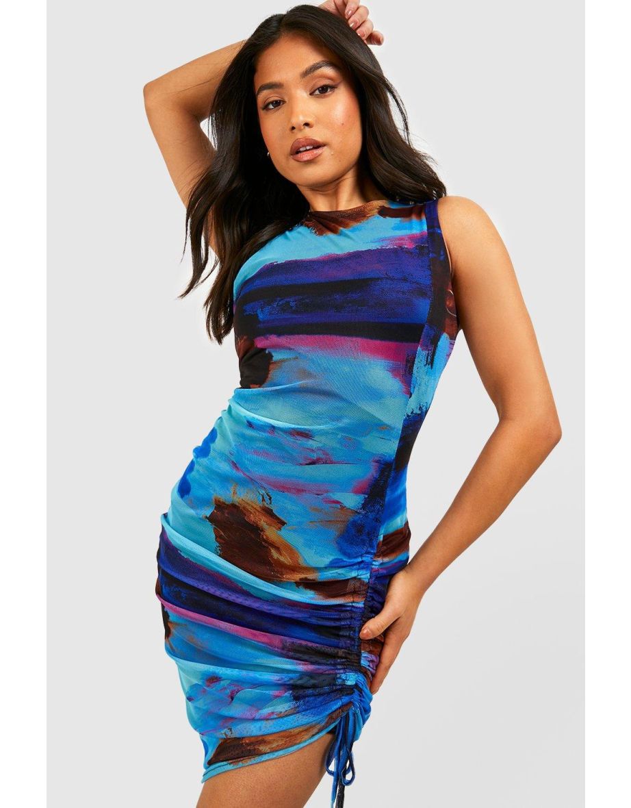 Ruched Hem Abstract Bodycon Midi Dress - blue