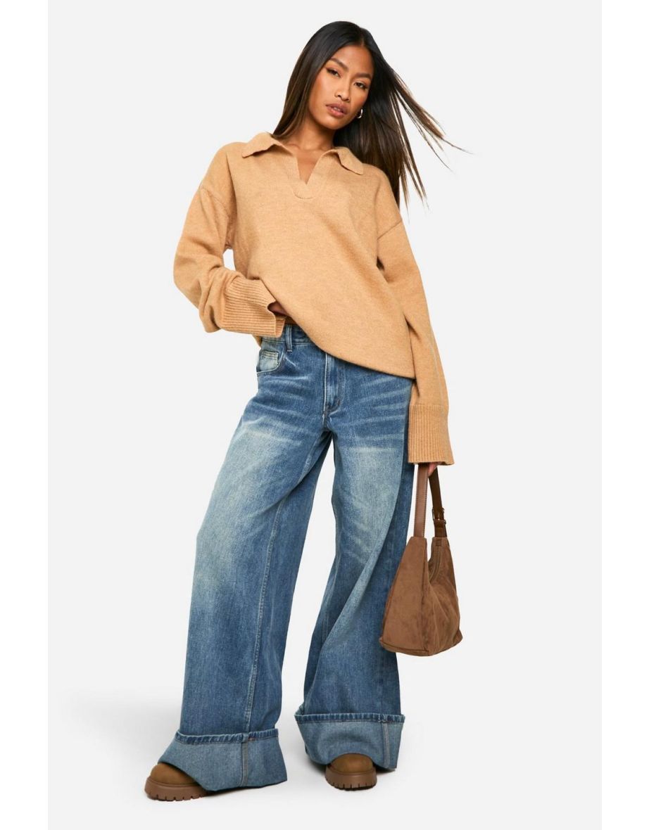 Premium Knitted Collared Oversized Jumper - beige