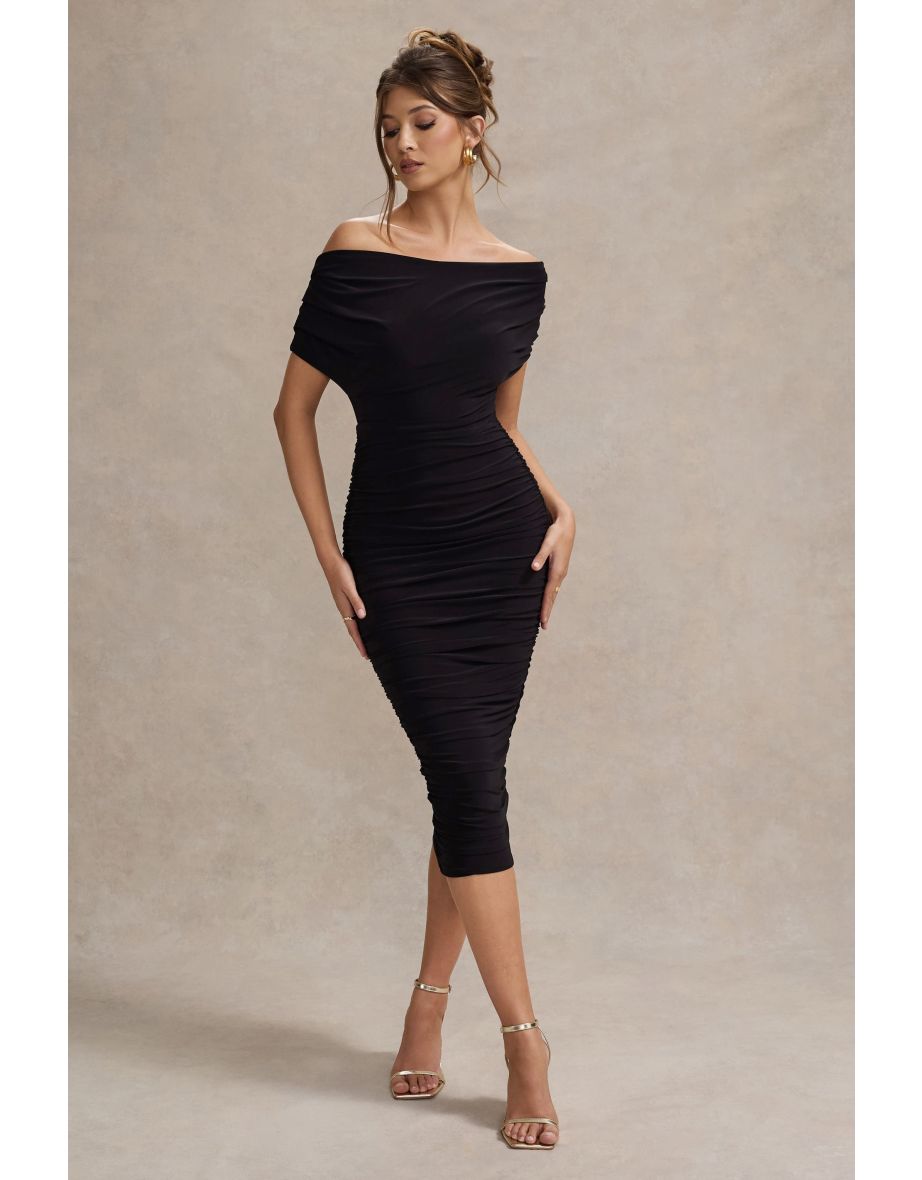 Rayleigh | Black Bardot Ruched Midi Dress