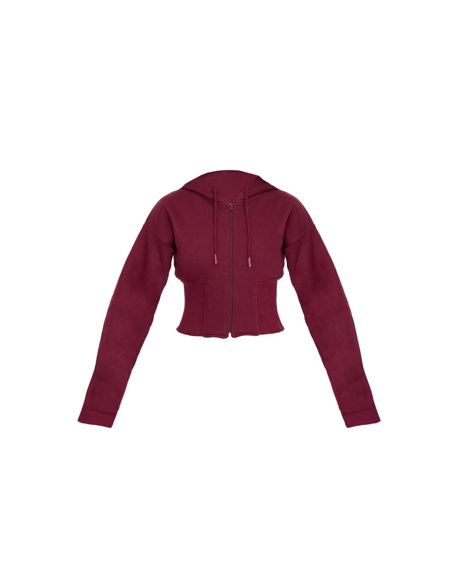 Burgundy Cinched Waist Cropped Zip Up Hoodie - 4