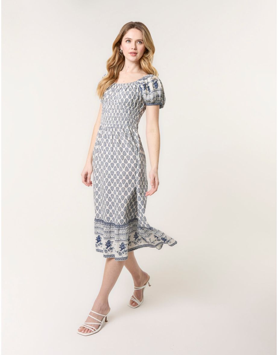 Border Print Puff Sleeve Midi Dress - 3