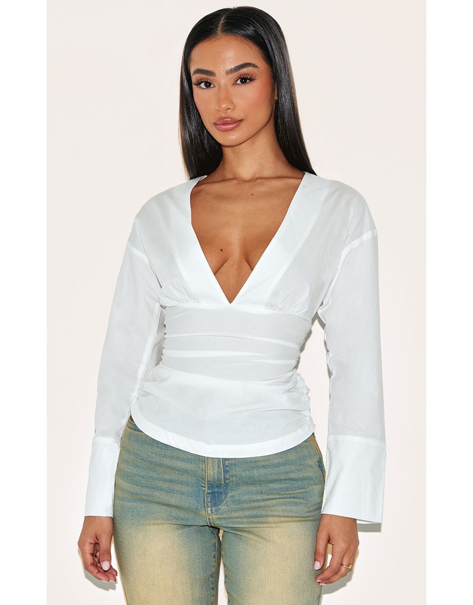 Petite White Fitted Ruched Waist Shirt