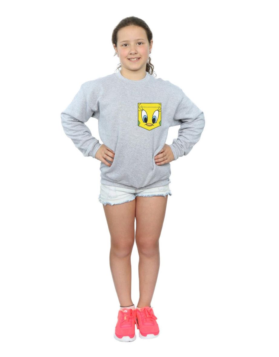 Looney Tunes Girls Tweety Pie Face Faux Pocket Sweatshirt - Sports Grey - 3