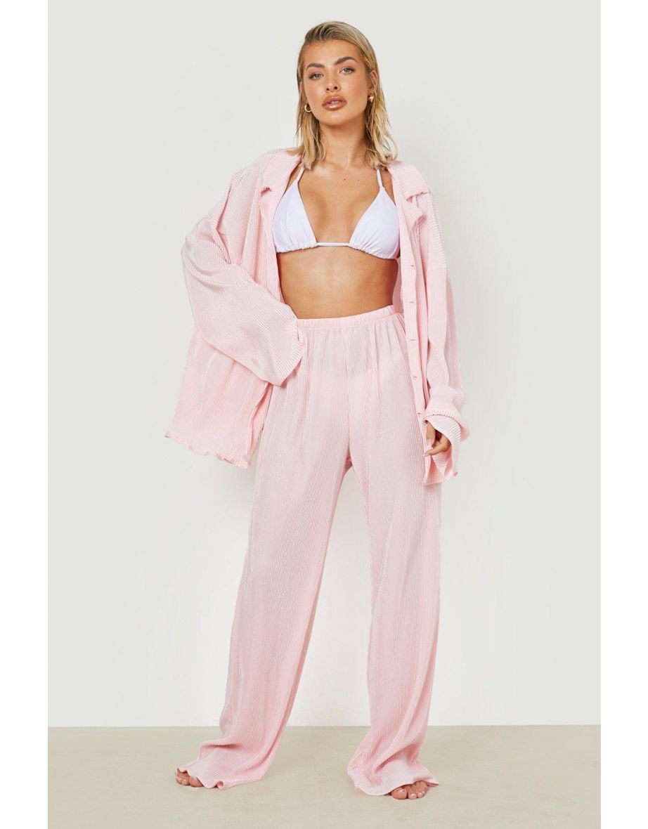 Bride Plisse Wide Leg Beach Trousers - rose pink - 3