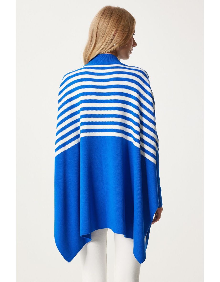 Women's Blue Striped Side Slit Oversize Poncho Sweater - 6