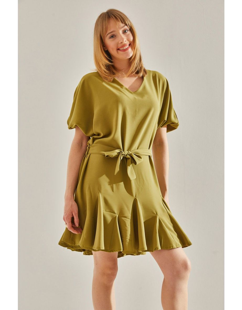 Women's Oil Green Ruffle Detailed V-Neck Belted Dress - 2