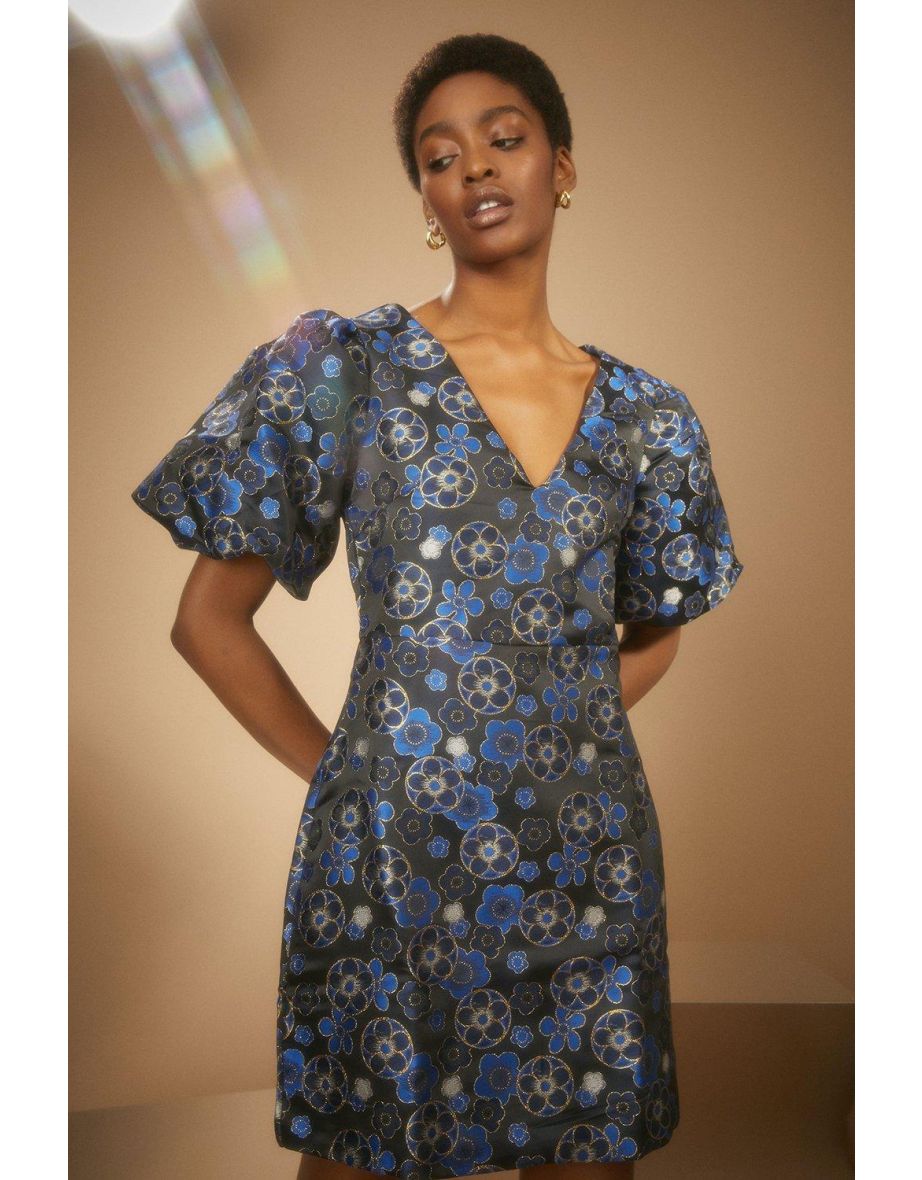 فستان جاكار بتصميم A بطبعة أزهار - أزرق