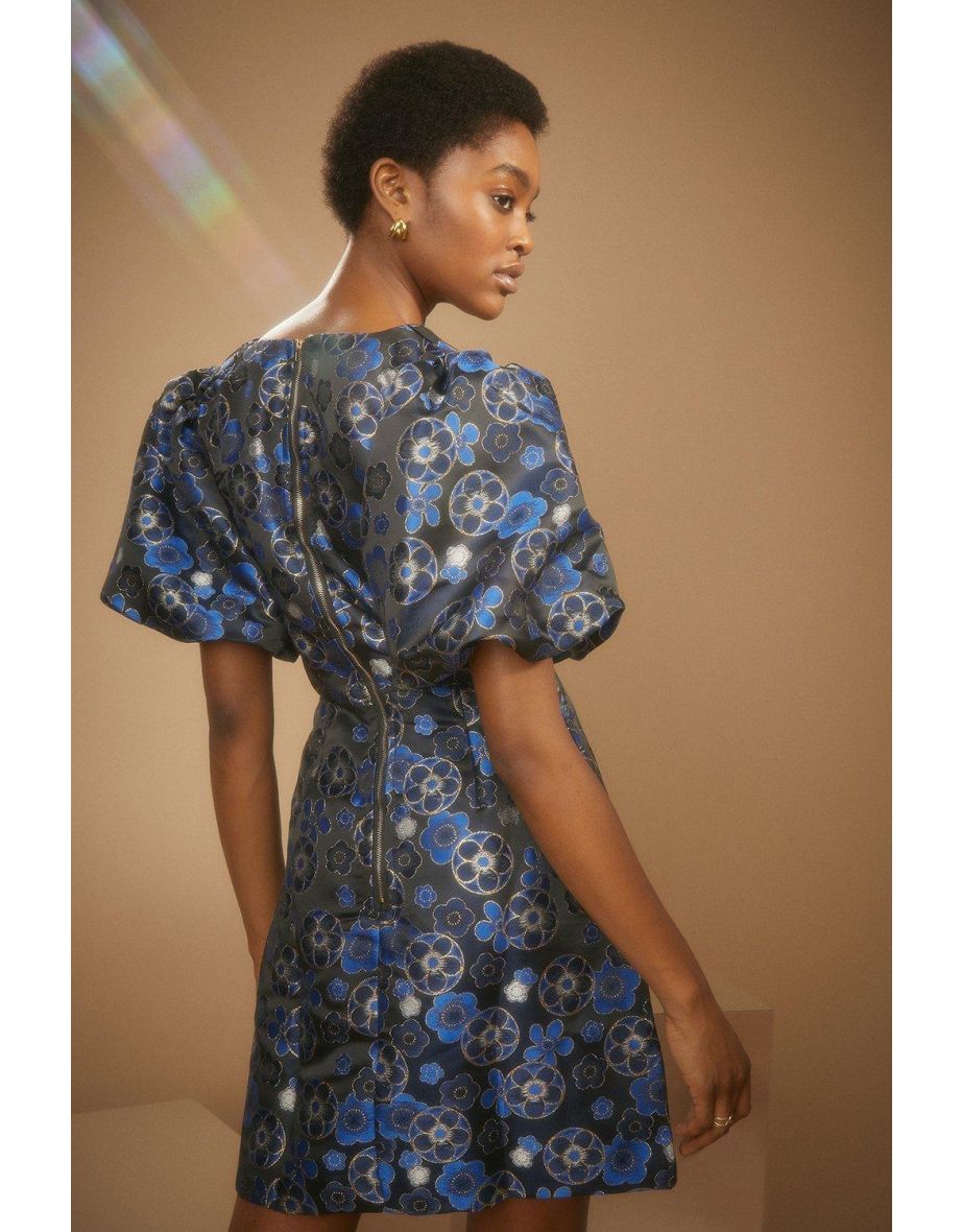 فستان جاكار بتصميم A بطبعة أزهار - أزرق - 2