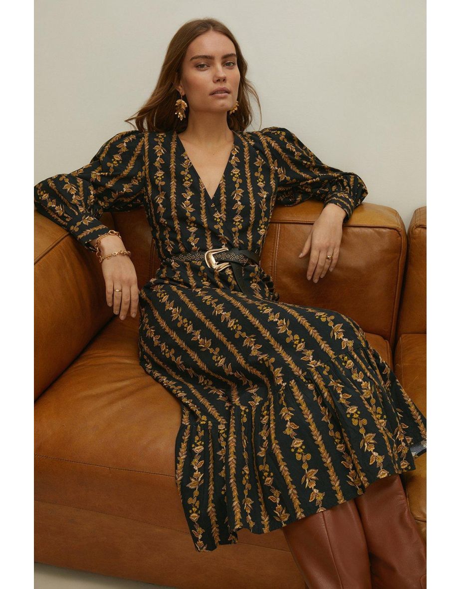 Stripe Floral Wrap Midi Dress